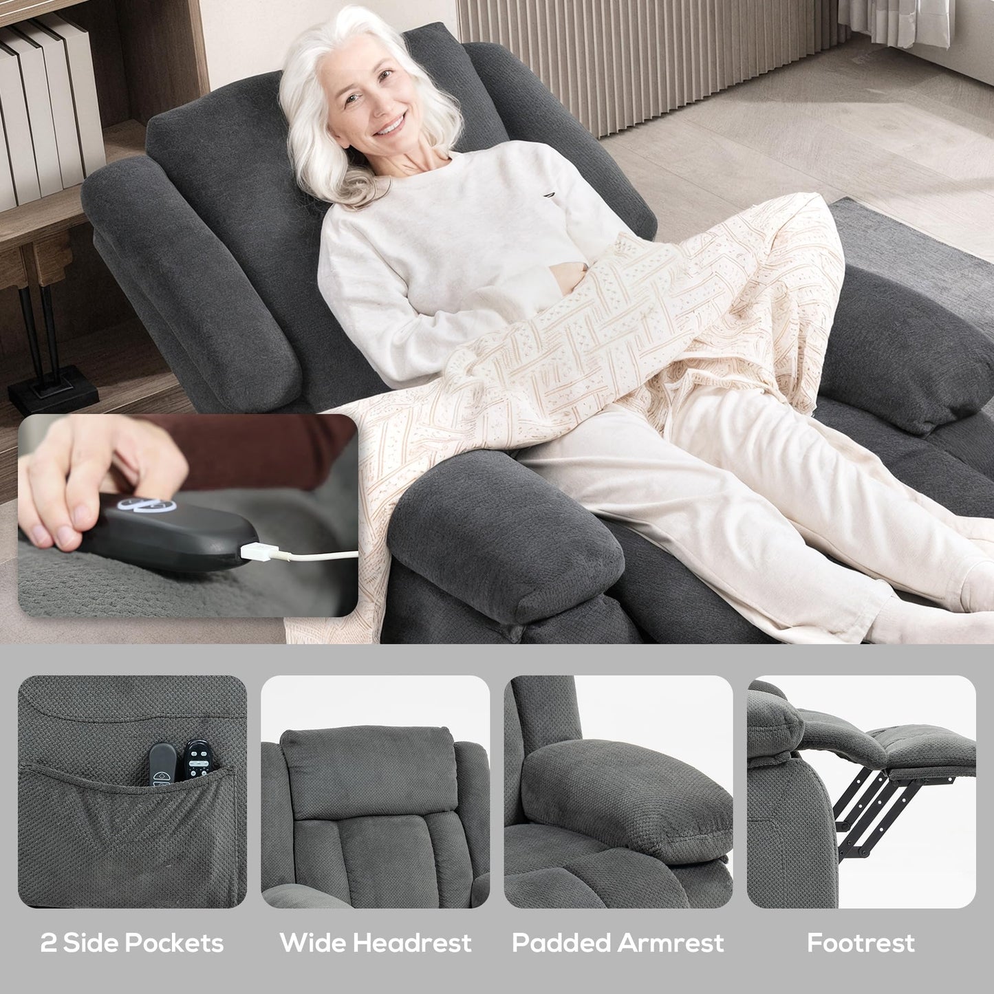 HOMCOM Power Lift Recliner Chair for Elderly with Massage and Heat, Electric Lift Chair, Fabric Massage Chair Recliner with Remote Controllers, USB Ports and Side Pockets, Overstuffed Design, Gray
