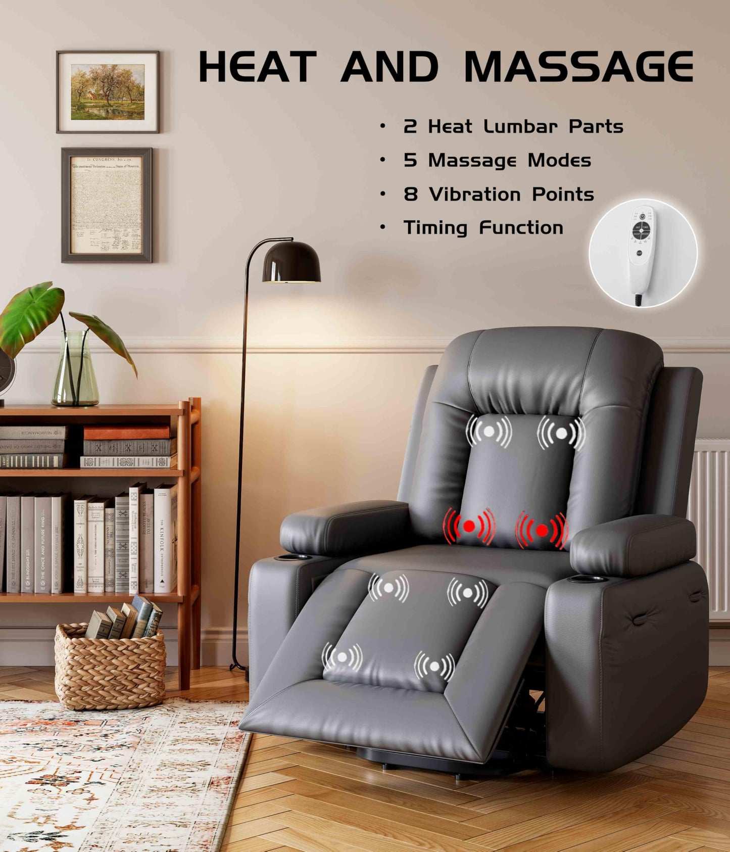 Power Lift Recliner Chair - Heat and Massage, Faux PU Electric Lift Recliner for Elderly & Mobility Impaired, Adjustable Back and Legs, Heavy Duty Lift Chair for Seniors