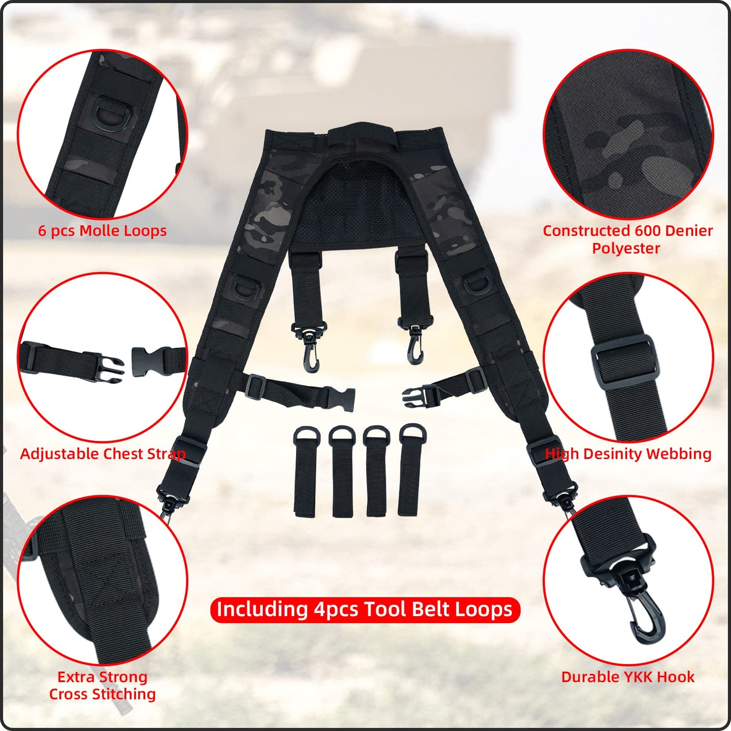 MELOTOUGH Tactical Suspenders for Belt Law enforcement belt Suspenders Police Outdoor H-Harness Suspenders (Black Camo, XL Size)
