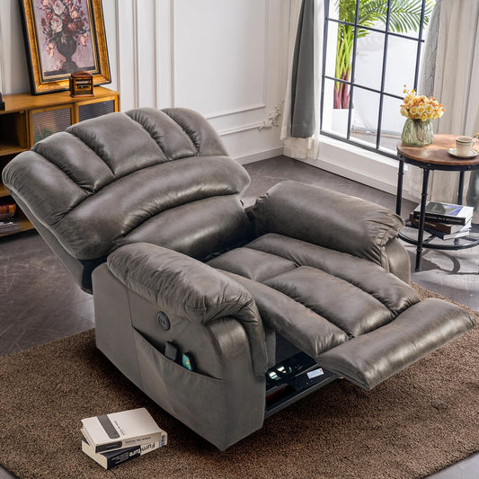 VIVIJASON Large Dual OKIN Motor Lay Flat Sleeper Lift Recliner Chair with Heat & Massage for Elderly, Infinite Position Electric Power Recliner with 2 Remote Controls, Side Pockets & USB Ports, Gray