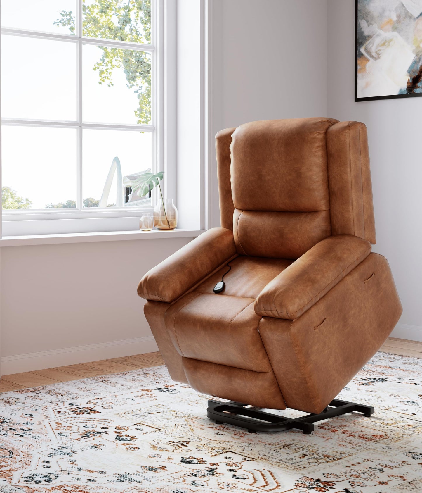 GarveeHome Faux Leather Power Lift Recliner w/Massage and Heat for Elderly, Recliner Chairs with Pockets for Living Room (Cognac, Medium)