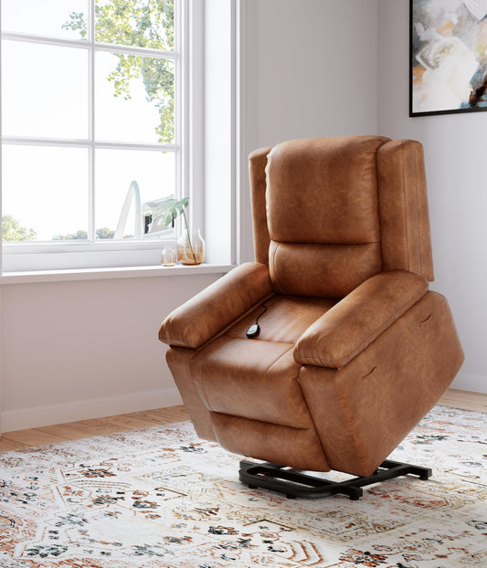 GarveeHome Faux Leather Power Lift Recliner w/Massage and Heat for Elderly, Recliner Chairs with Pockets for Living Room (Cognac, Medium)