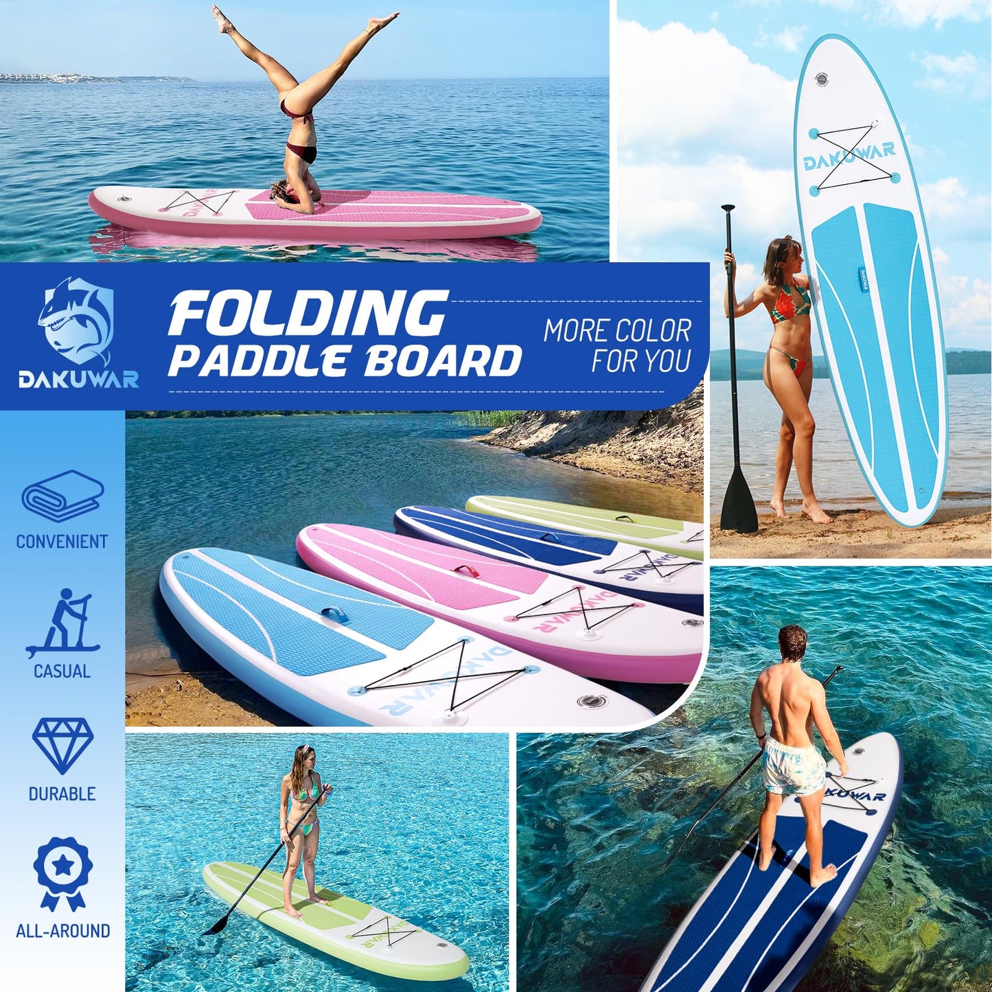 DAKUWAR Inflatable Paddle Board 10'x31.5''x6'' Folding Stand up Paddle Boards with SUP Accessories Valve Adaptor/2 fins/SUP Backpack/Ankle Leash/Repair Kit (Deep Blue and White)
