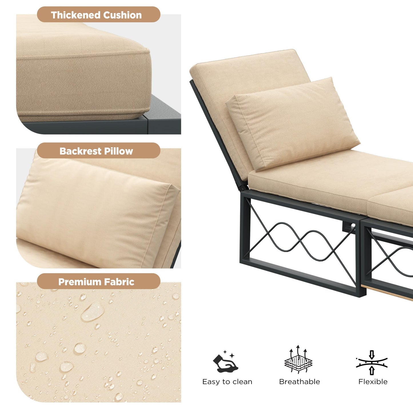 AECOJOY Outdoor Metal Chaise Lounge Chair Set of 2, Patio Convertible Armchair with Cushions, Adjustable 5-Position Recliner with Full Flat Tanning Function for Outside, Pool, Beige, 2 Pack