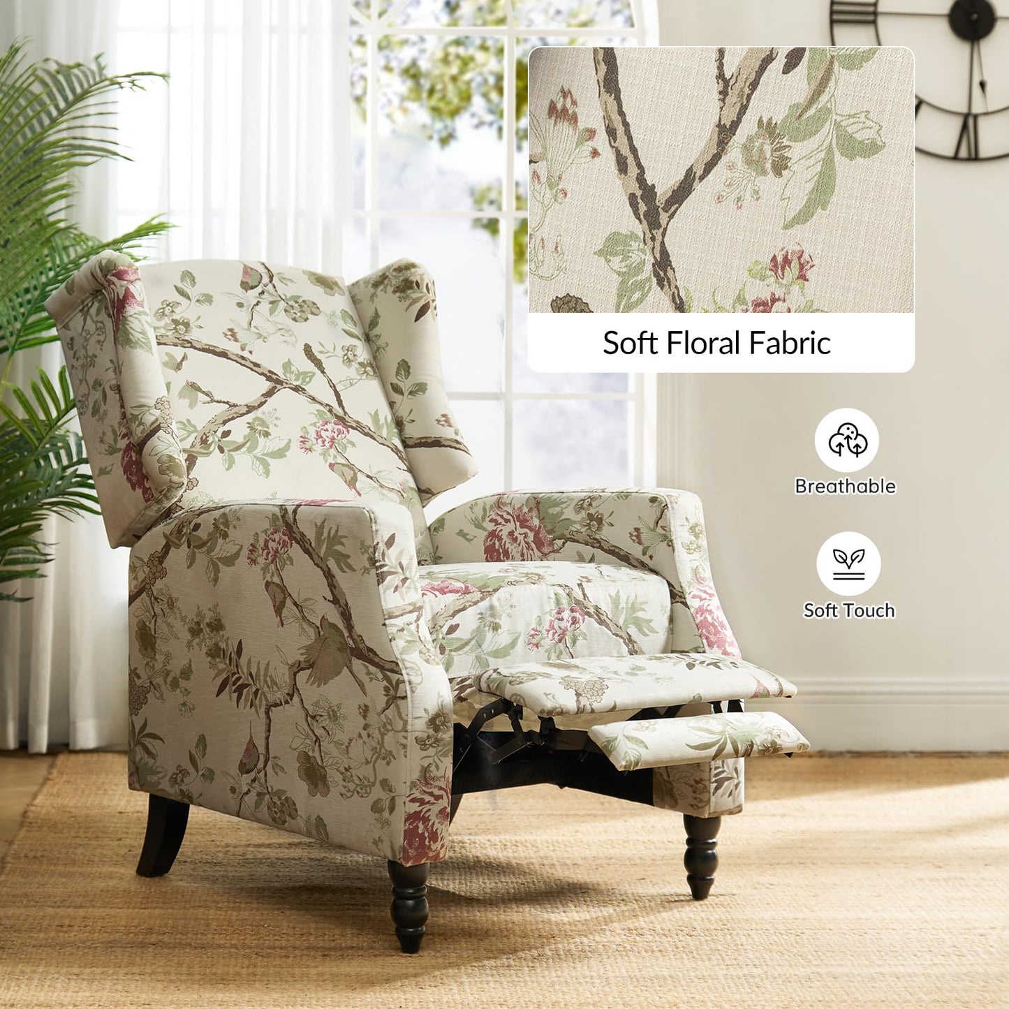 HULALA HOME Wingback Recliner Chair, Traditional Push Back Recliner Single Sofa Chair with Solid Wood Legs, Modern Lounge Armchair for Living Room, Comfy Upholstered Accent Reclining, Bird