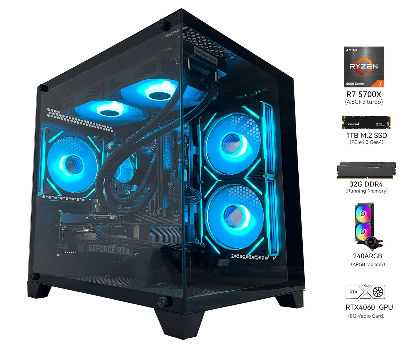 YAWYORE Gaming PC Desktop Computer, Ryzen 7 5700X,RTX 4060,32GB DDR4 RAM and 1TB M.2 NVMe SSD, 240 Liquid Cooler, ARGB Fans,Game Design Office (R7 5700X / RTX 4060 / 32GB DDR4 / 1TB SSD)