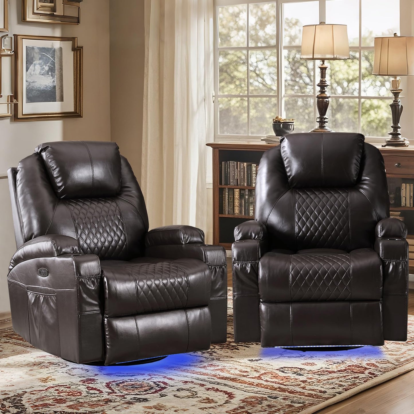 IBTKIG Power Swivel Rocker Recliner Chair with Massage and Heat/LED Lights/USB and Type-C Ports/Infinite Position/Cup Holder, Electric Glider Reclining Sofa for Nursery Living Room(2, Brown)
