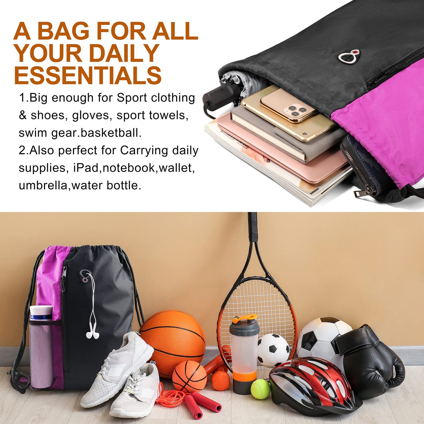 BeeGreen Sports Bag Drawstring Backpack With Water Bottle Pocket &Front Zippered Pocket Large String Bag Pack For Men Women
