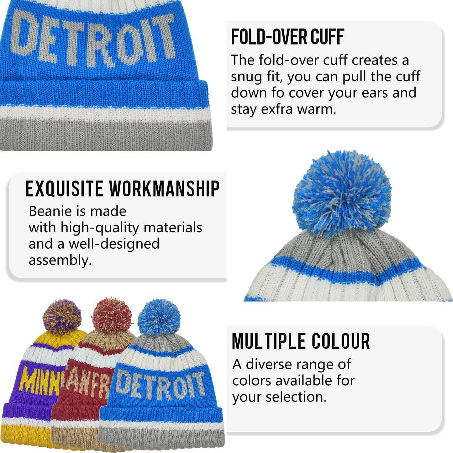aoenbork Detroit Beanie Knit Hat with Pom Winter Cuffed Cap Sport Fans Gift