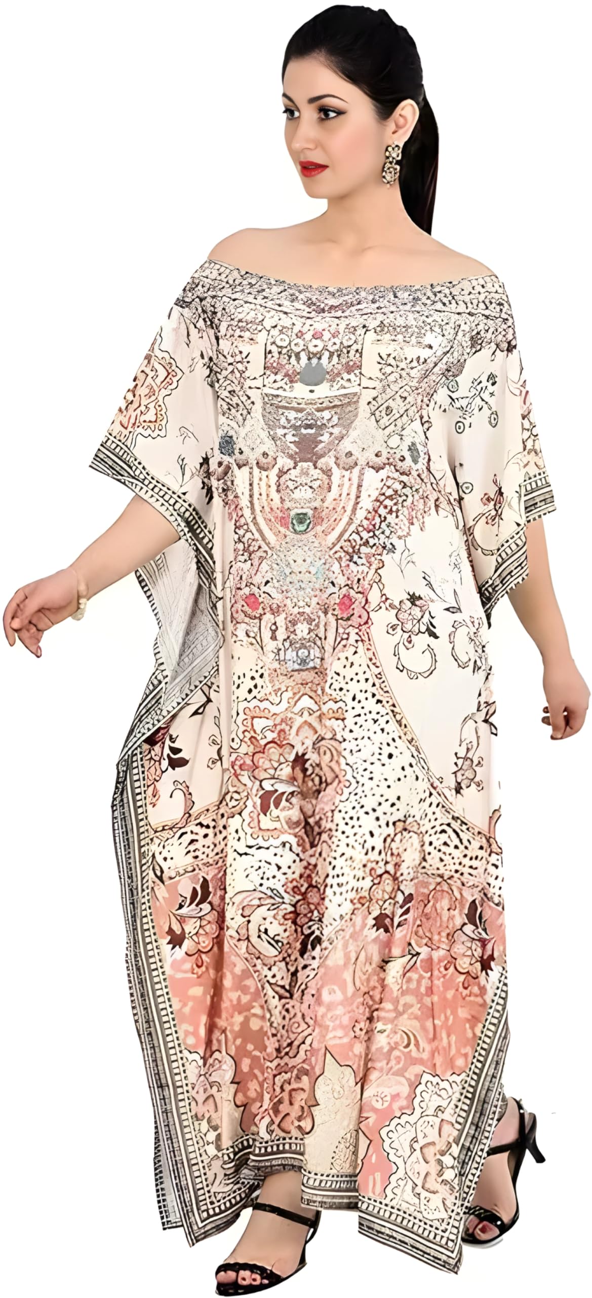 ANJANIYA Kimono Maxi Dress Floral Long Kaftan Plus Size Caftan Gown Nightdress Kimono Women (Beige)