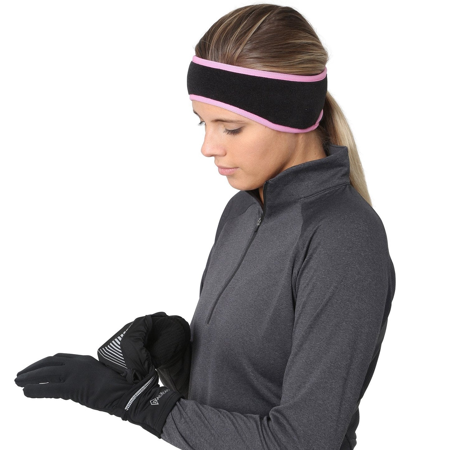 TrailHeads Women’s Ponytail Headband | Fleece Earband | Winter Running Headband - Black/Fast Pink