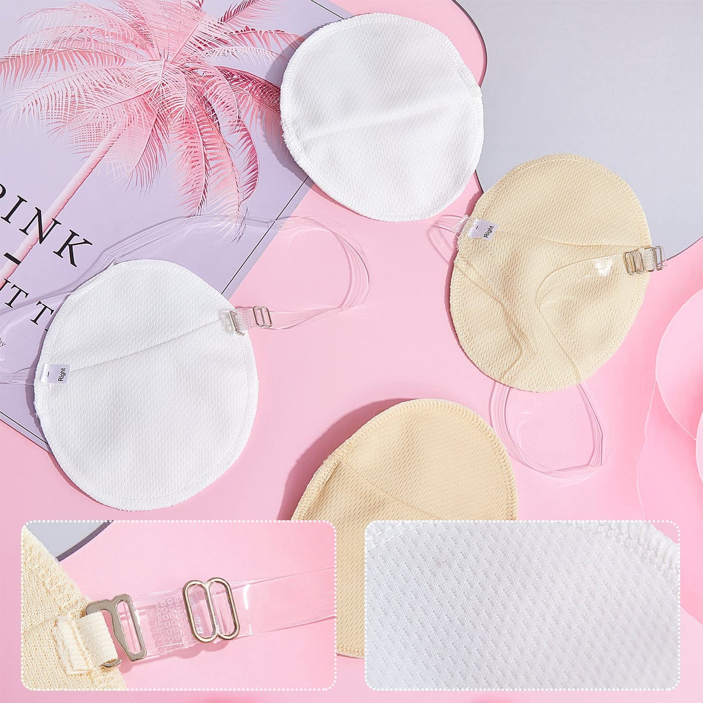 4 Pairs Underarm Sweat Pads Reusable Armpit Absorbing Guards Washable with Shoulder Strap Under Arm Breathable Absorbent Sweat Protectors Pads Guards for Women and Men(Nude, White)