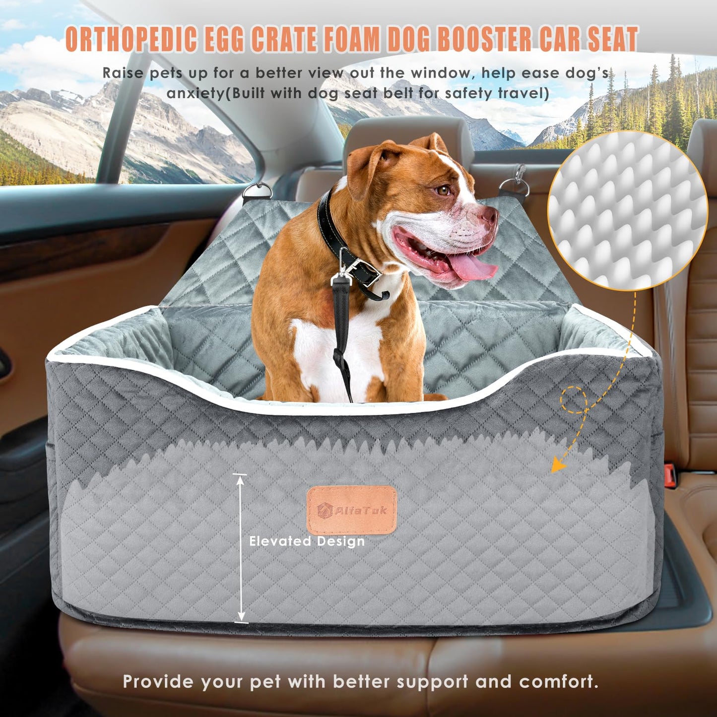AlfaTok Memory Foam Booster Dog Car Seat for Medium Dogs Under 45 LBS, Elevated Pet Car Seat with Detachable Washable Cover, Anti-Slip Sturdy Dog Booster Seat with Seat Belt for Back Seat Travel