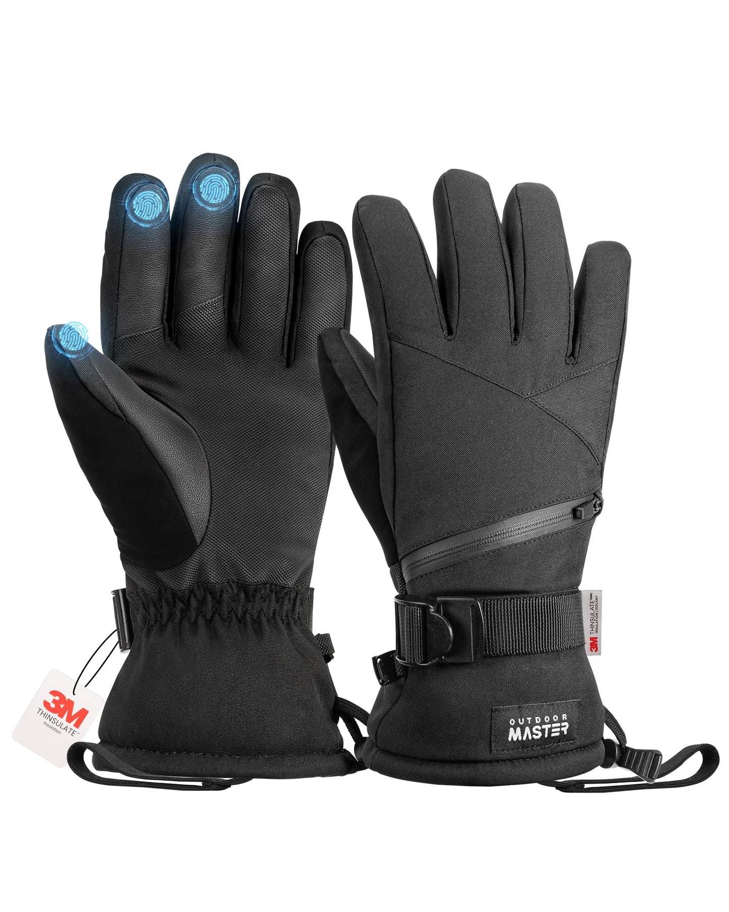OutdoorMaster Ski Snow Gloves for Women & Men, 3M Thinsulate Waterproof Snowboard Gloves, Winter Warm Windproof Snowmobile Gloves with Double-Pocket