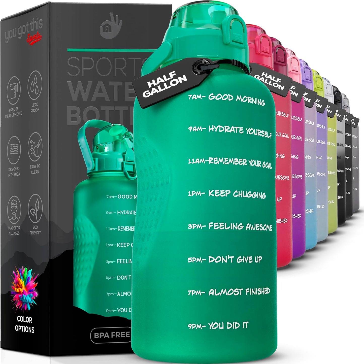 YOU GOT THIS LIVING Motivational Water Bottle with Time Marker,Half Gallon Water bottle with Straw 64 oz/2.2L Gym Water Bottle, Achieve All-Day Hydration SpillProof, BPA FREE