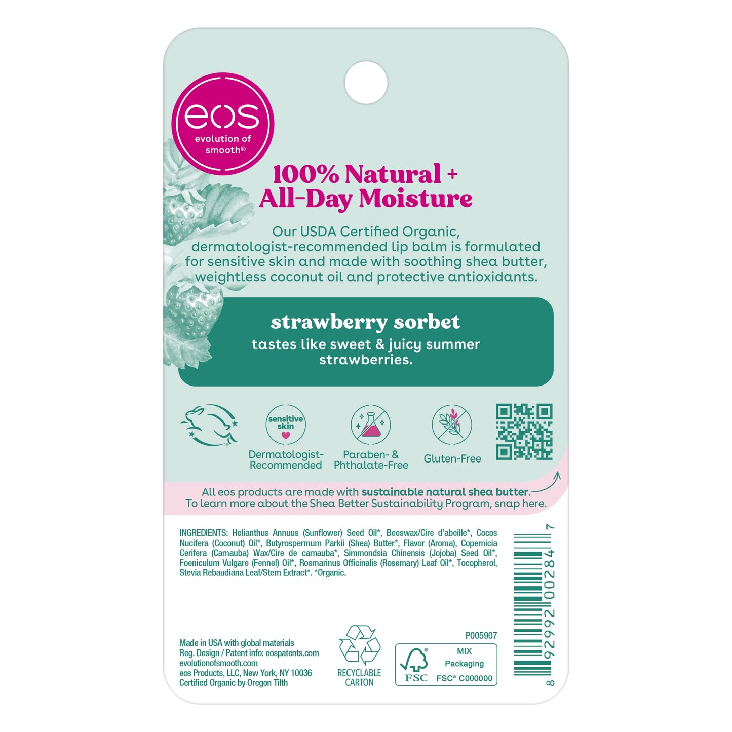 eos 100% Natural & Organic Lip Balm- Strawberry Sorbet, All-Day Moisture, Dermatologist Recommended for Sensitive Skin, Lip Care Products, 0.25 oz (Pack of 2)