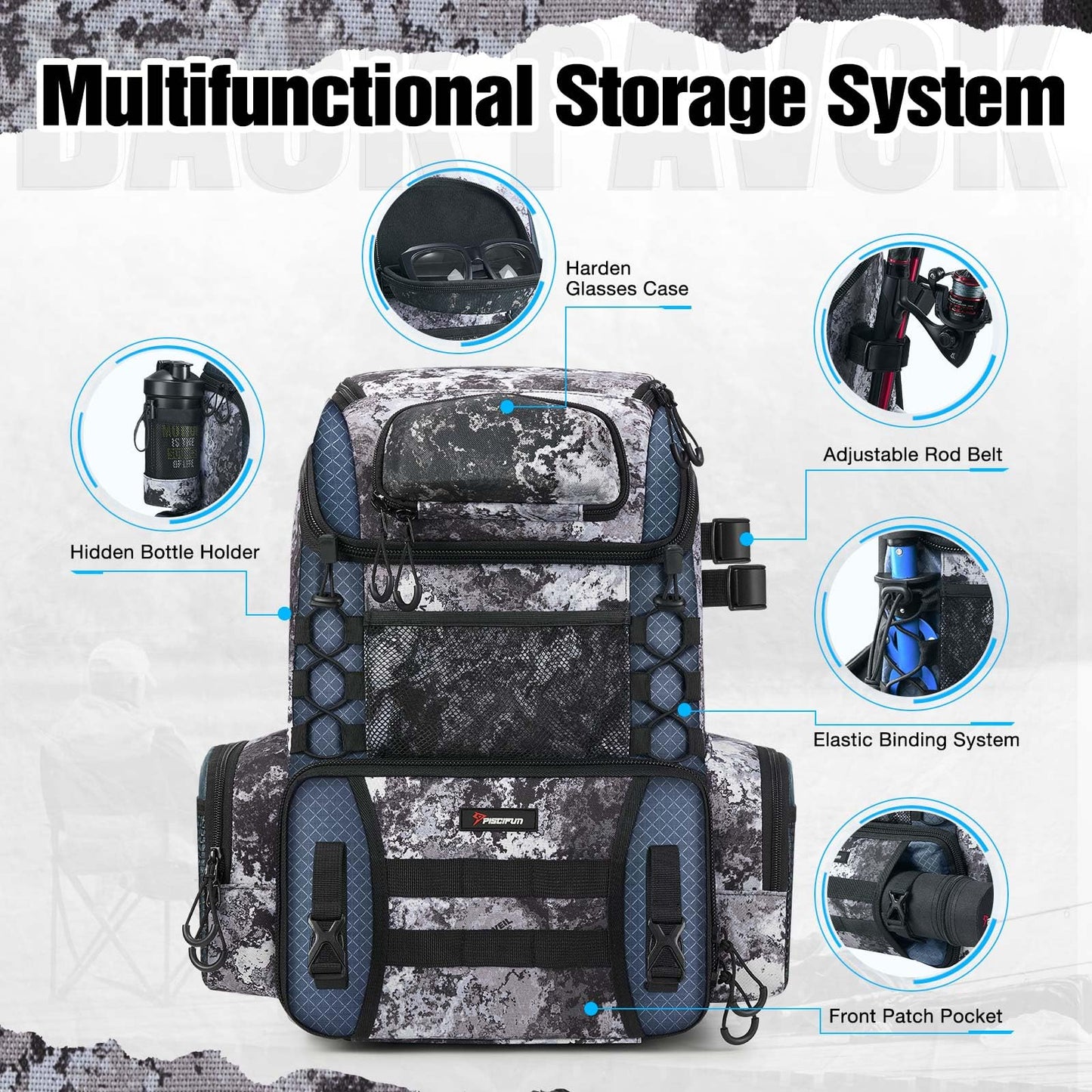 Piscifun Fishing Tackle Backpack with Rod Holders & 4 Tackle Boxes, Waterproof Rain Cover, Bottle Holder, Water-resistant Fishing Bag Store Fishing Gear & Equipment, Veil Camouflage