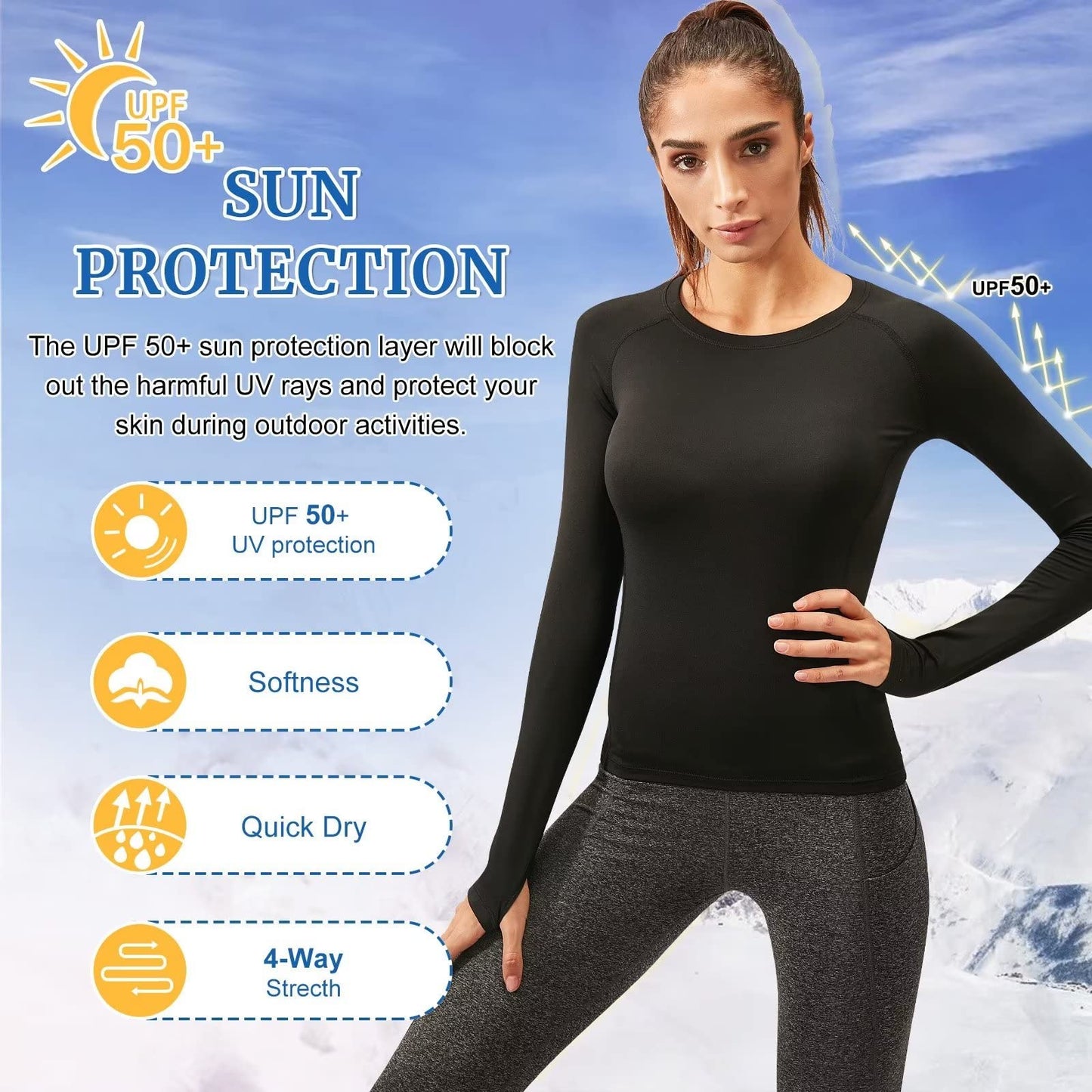 Womens Thermal Tops Long Sleeve Fleece Hiking Ski Base Layer Women Cold Weather Sports Gym Shirts Athletic Ladies Thermal Underwear Tops for Workout Running,Quick Dry Moisture Wicking 5021 Black S