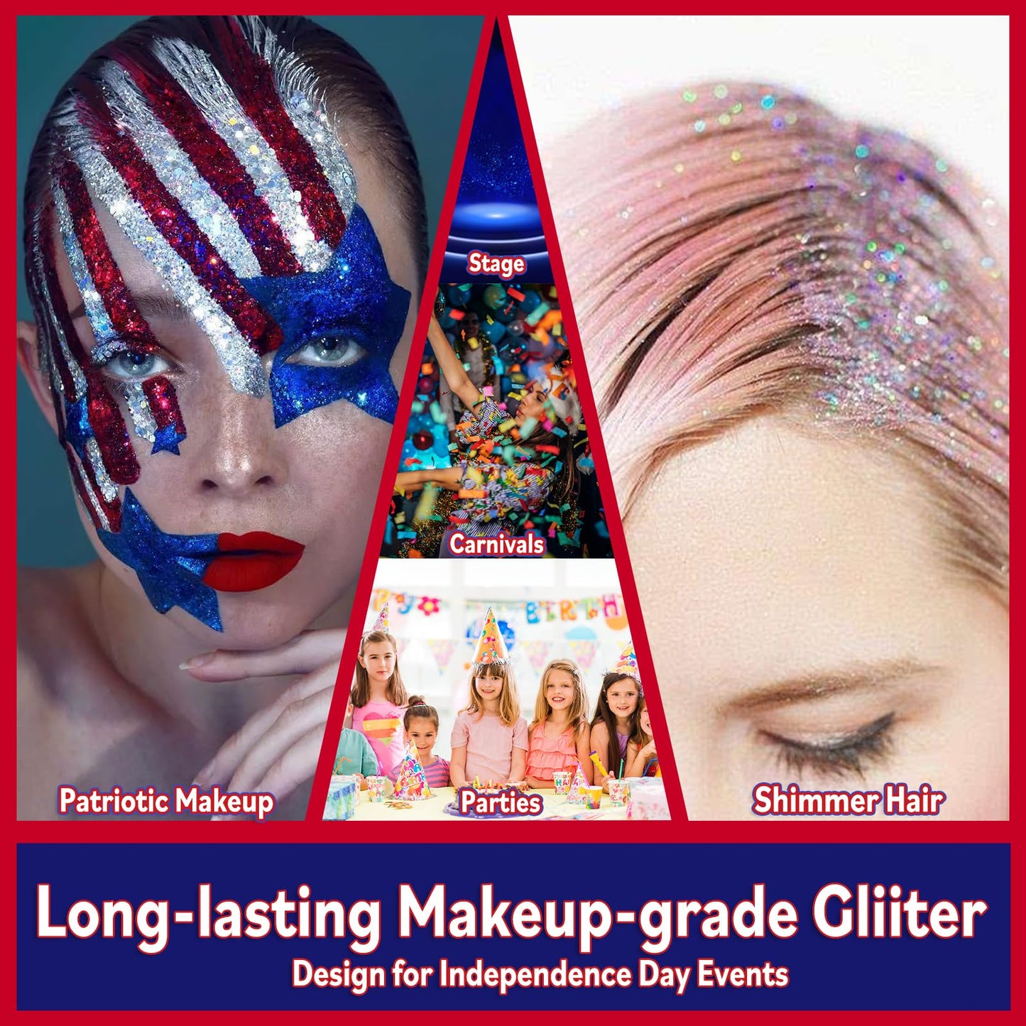 Allstarry Chunky Body Glitter 4 Colors Cosmetic Patriotic Face Glitter Independence Day Hair Sequins Sparkle Veterans Day Eye Flakes 4th of July Accessories for Olympics Party Women Face Paint Makeup