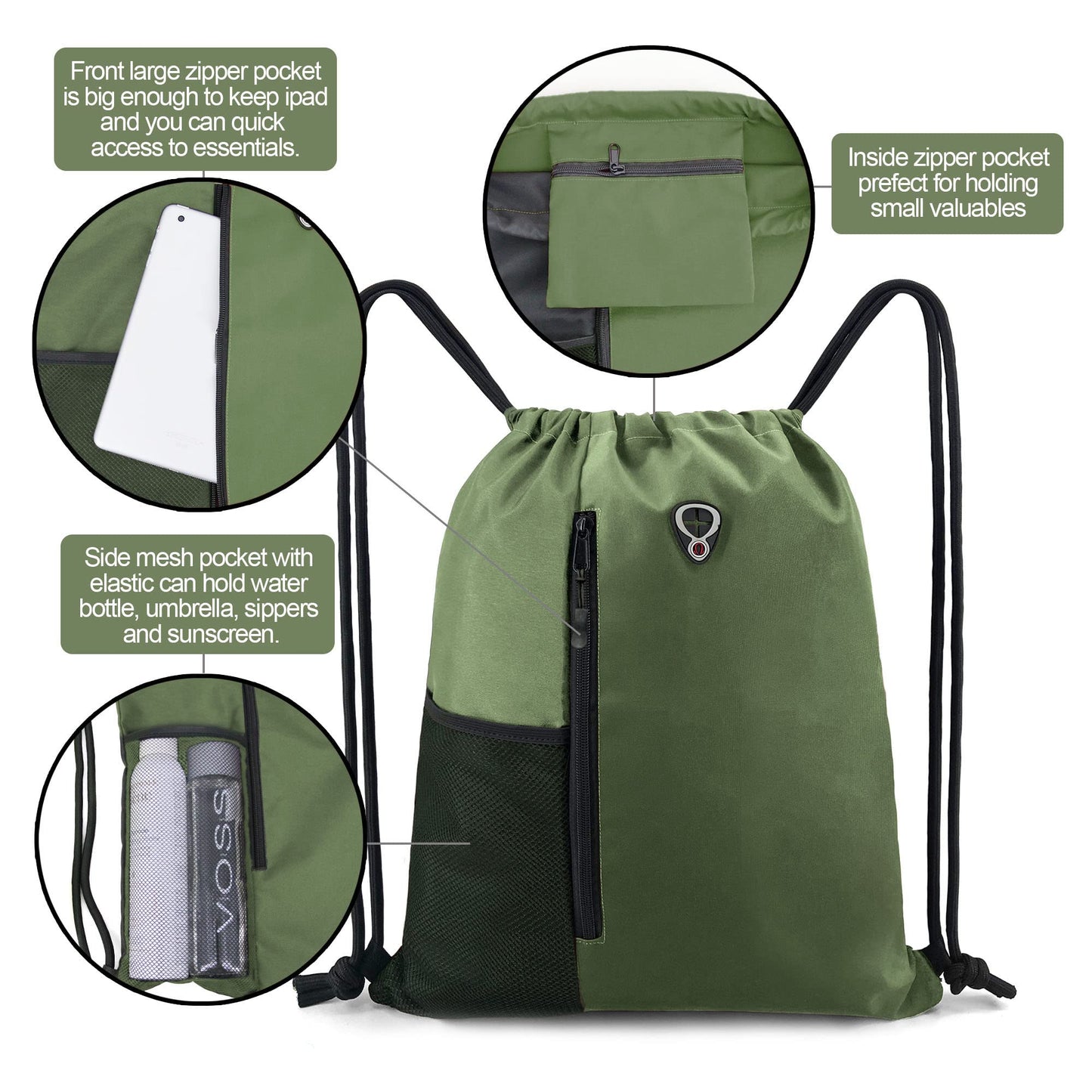 BeeGreen Green Drawstrings Backpacks Bags For Men String Backpack For Women With Water Bottle Pocket &Front Zippered Pocket Large Sackpack For Traveling Yoga Beach Outdoor Gym