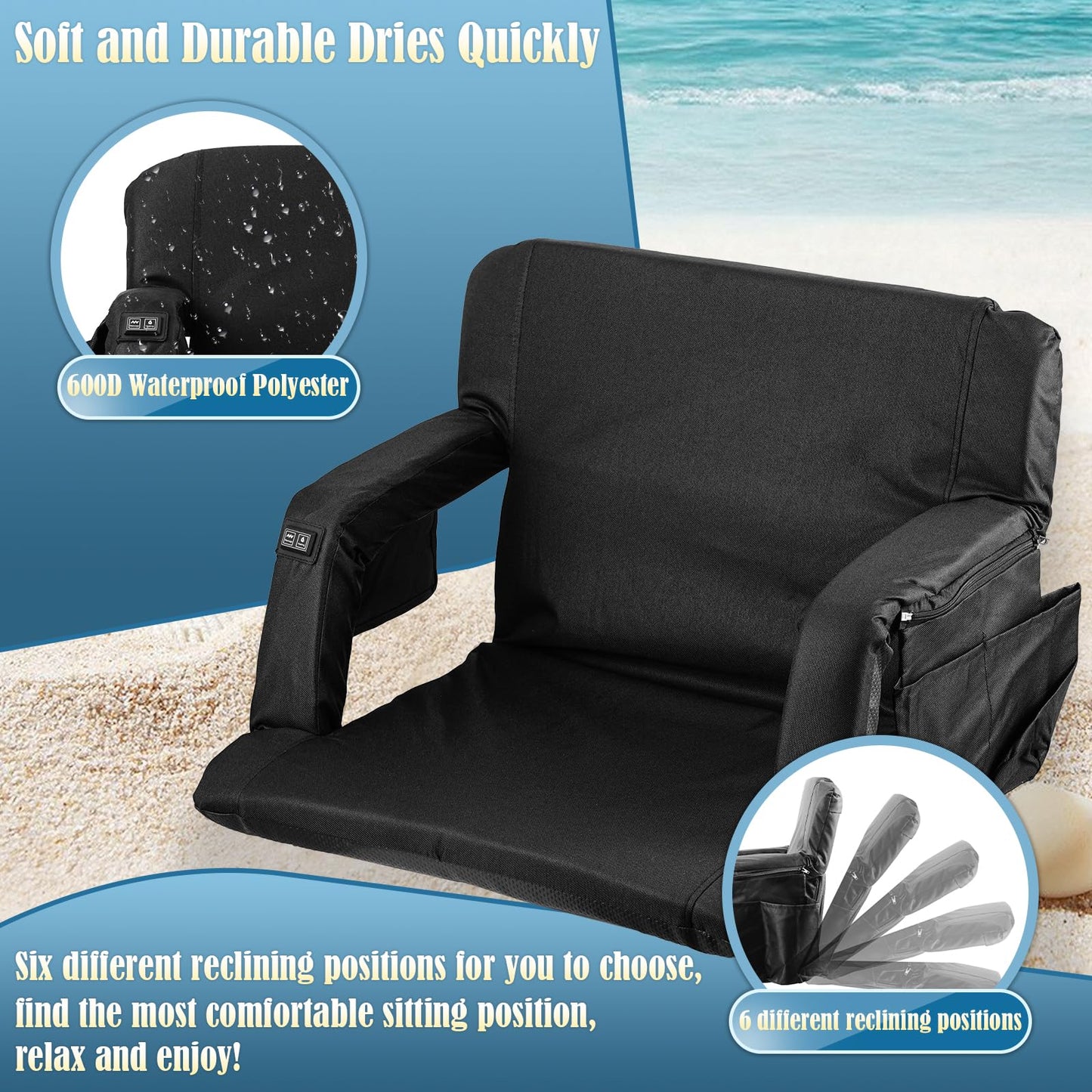 Heated Massage Stadium Seats, 25 Inch Heated Stadium Seats for Bleachers with 10000mAh Power Bank, 3 Levels of Heat & 6 Massage, 6 Reclining Positions for Indoor Stadiums, Baseball Stadiums