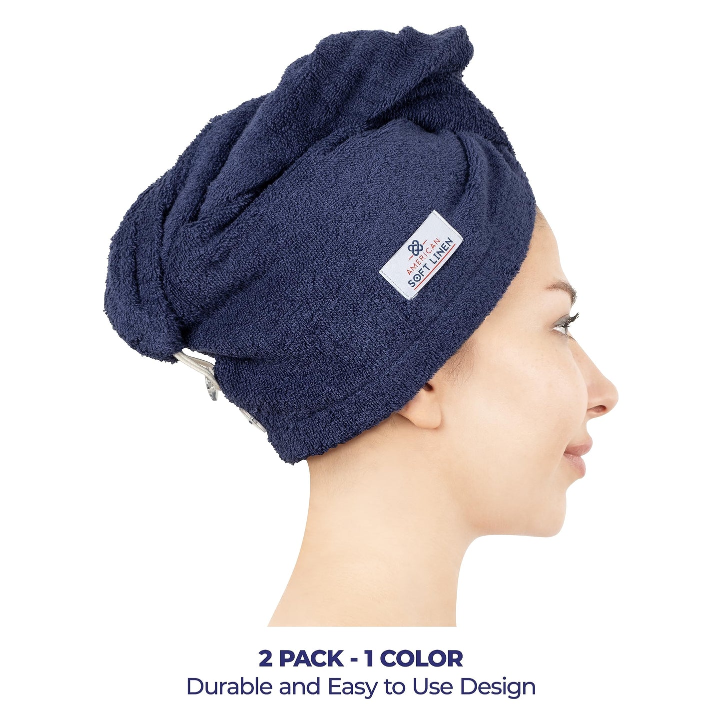 American Soft Linen 100% Cotton Hair Towels for Women, Head Towel Cap, Cotton Hair Turban Towel Wrap for Long Curly Anti Frizz Hair, Soft and Absorbent Cotton Hair Towels 2 Pack, Navy Blue