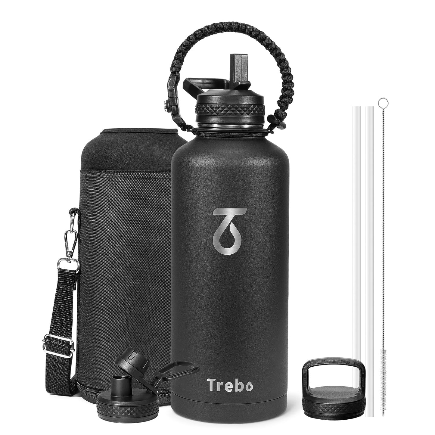 Trebo Water Bottle 87oz with Paracord Handle, Half Gallon Food-grade Double Wall Vacuum Stainless Steel Insulated Jug with Straw Spout Handle Lids, Leakproof Keep Cold & Hot,Black