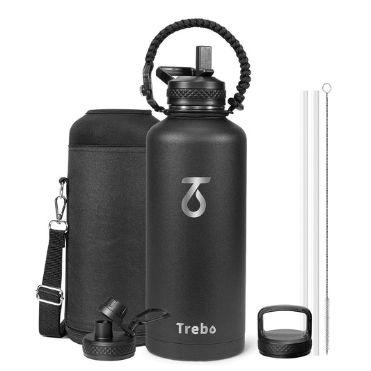 Trebo Water Bottle 87oz with Paracord Handle, Half Gallon Food-grade Double Wall Vacuum Stainless Steel Insulated Jug with Straw Spout Handle Lids, Leakproof Keep Cold & Hot,Black