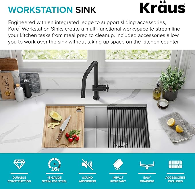 KRAUS KWU112-33 Kore Workstation 33-inch Undermount 16 Gauge Double Bowl Stainless Steel Kitchen Sink with Integrated Ledge and Accessories (Pack of 8)