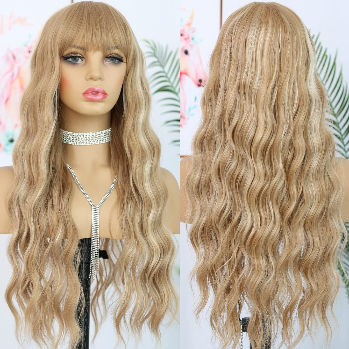 ANDRIA Blonde Wig Brown with Blonde Stripe Highlight Long Loose Curly Wavy Wig with Bangs Synthetic Heat Resistant Fiber Hair Colorful Wigs for White Women(Brown with Blonde Stripe Highlight)