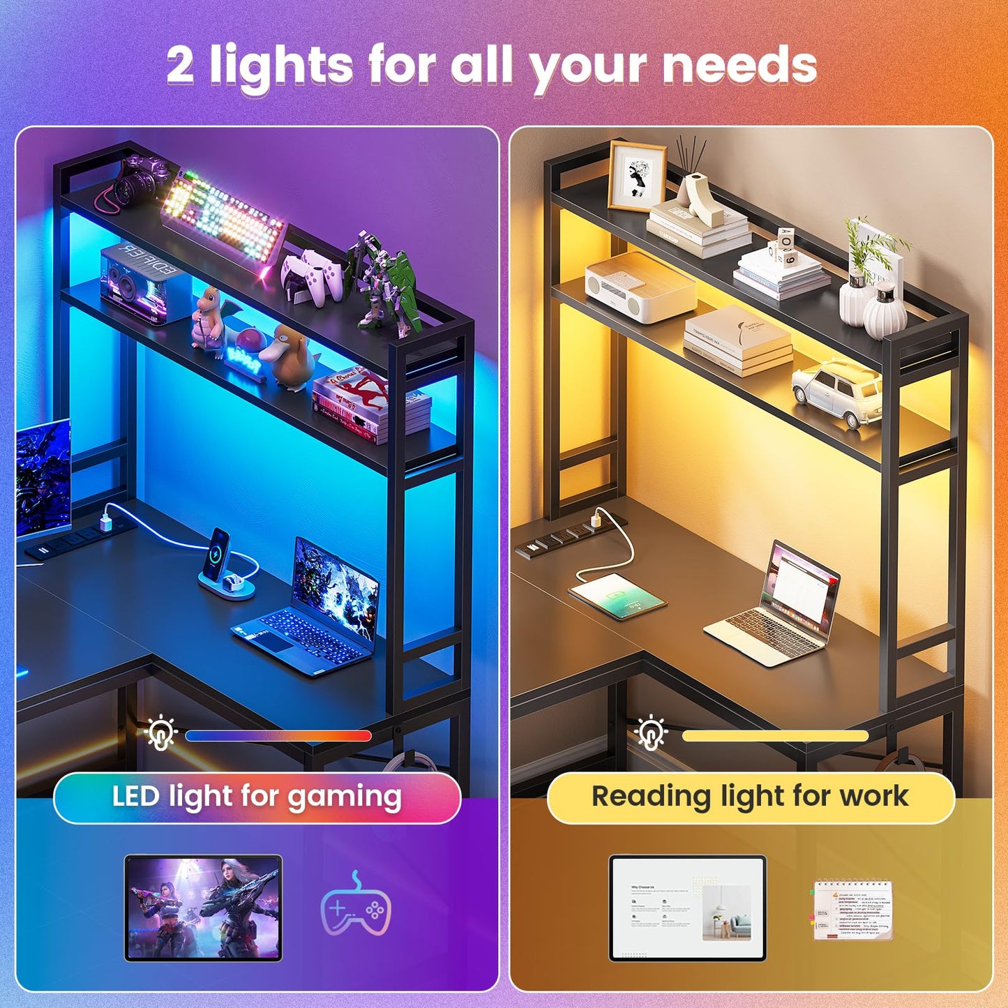 SEDETA L Shaped Gaming Desk, Reversible 45.3” Small Corner Desk with Power Outlet and LED Lights, Corner Gaming Desk with Storage Shelves, Hooks for Small Space, Black