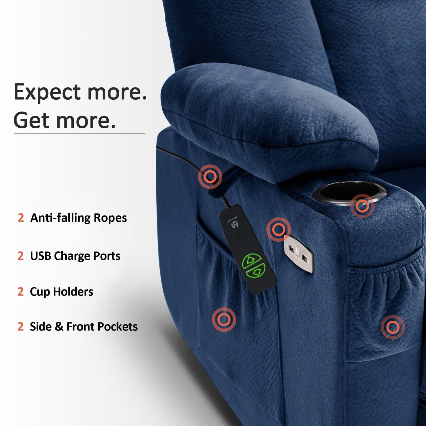 MCombo Power Lift Recliner Chair Sofa with Extended Footrest,3 Positions,Hand Remote Control,2 Cup Holders,USB Ports for Elderly People, 7507
