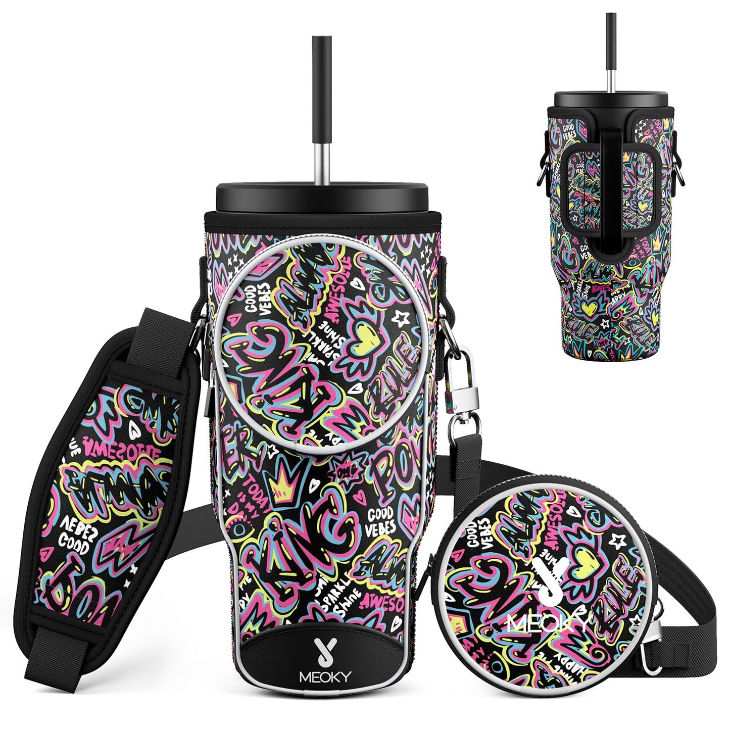 Meoky Water Bottle Carrier Bag with Phone Pocket for 40 oz Tumbler with Handle, Neoprene Water Bottle Holder Pouch with Adjustable Strap, 2 Carabiner Clips (King)