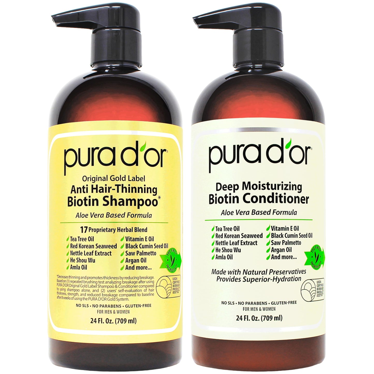 PURA D'OR Anti-Thinning Biotin Shampoo & Deep Moisturizing Conditioner Original Gold Label Set (24oz x2) Natural Earthy Scent, CLINICALLY TESTED Effective Results, DHT Blocker Thickening, Women & Men