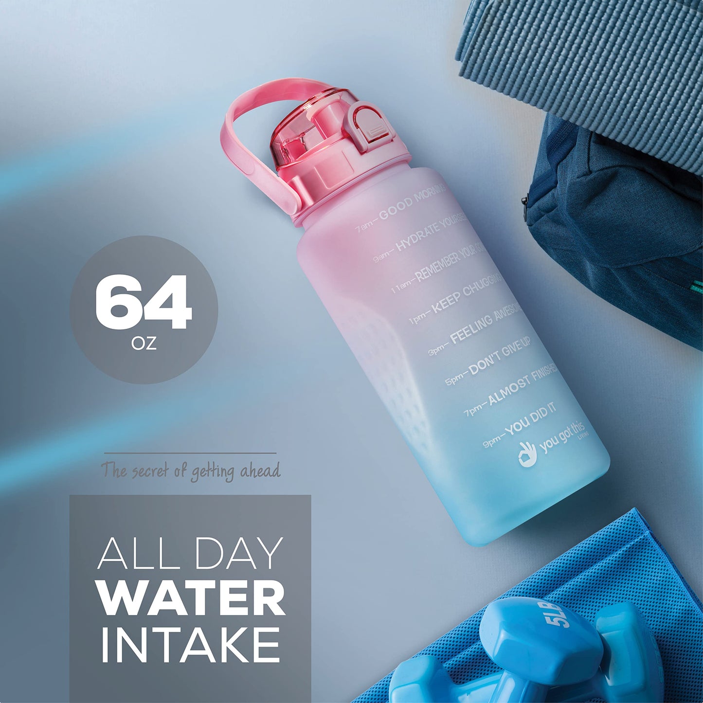 YOU GOT THIS LIVING Motivational Water Bottle with Time Marker,Half Gallon Water bottle with Straw 64 oz/2.2L Gym Water Bottle, Achieve All-Day Hydration SpillProof, BPA FREE