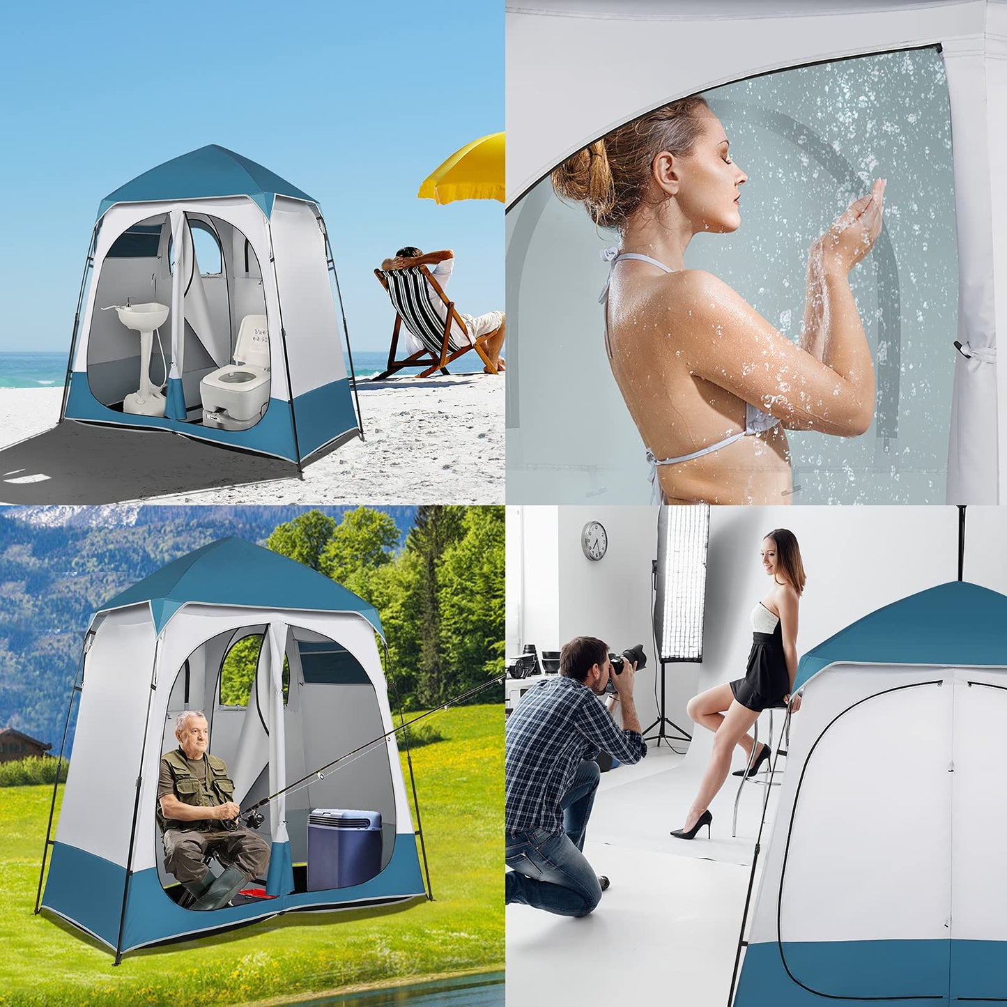 Shyneer Double Dressing Tent, 2 Room Shower Shelter, 7.5 FT Instant Pop Up With Carrying Bag, Privacy Changing Room for Portable Toilet, Easy Setup, Camping, Blue/White