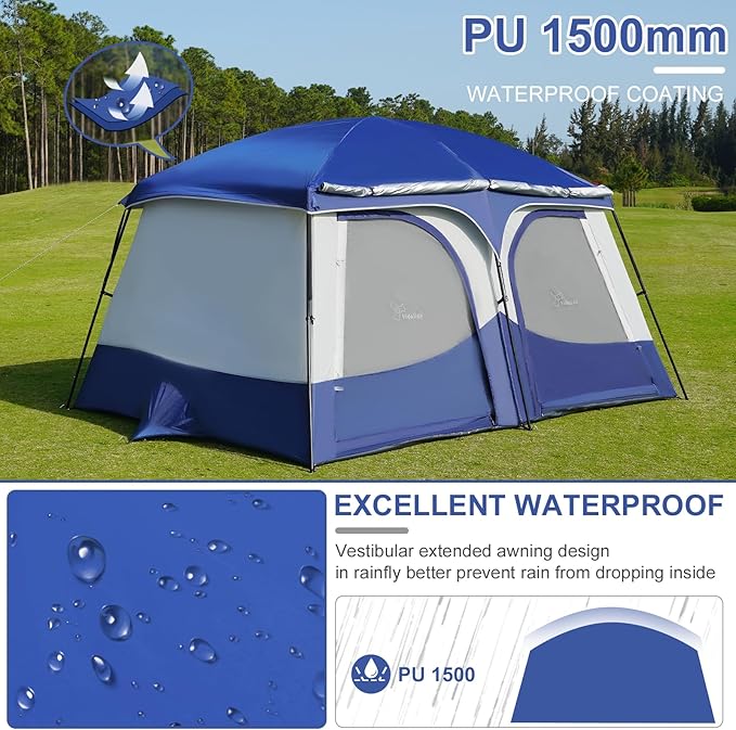 Vidalido Tents,6-8 Person Camping Tent with Extended Vestibule,2 Room Weather Resistant Family Tents,Easy Install Waterproof Outdoor Tent for Backpacking and Camping Hiking