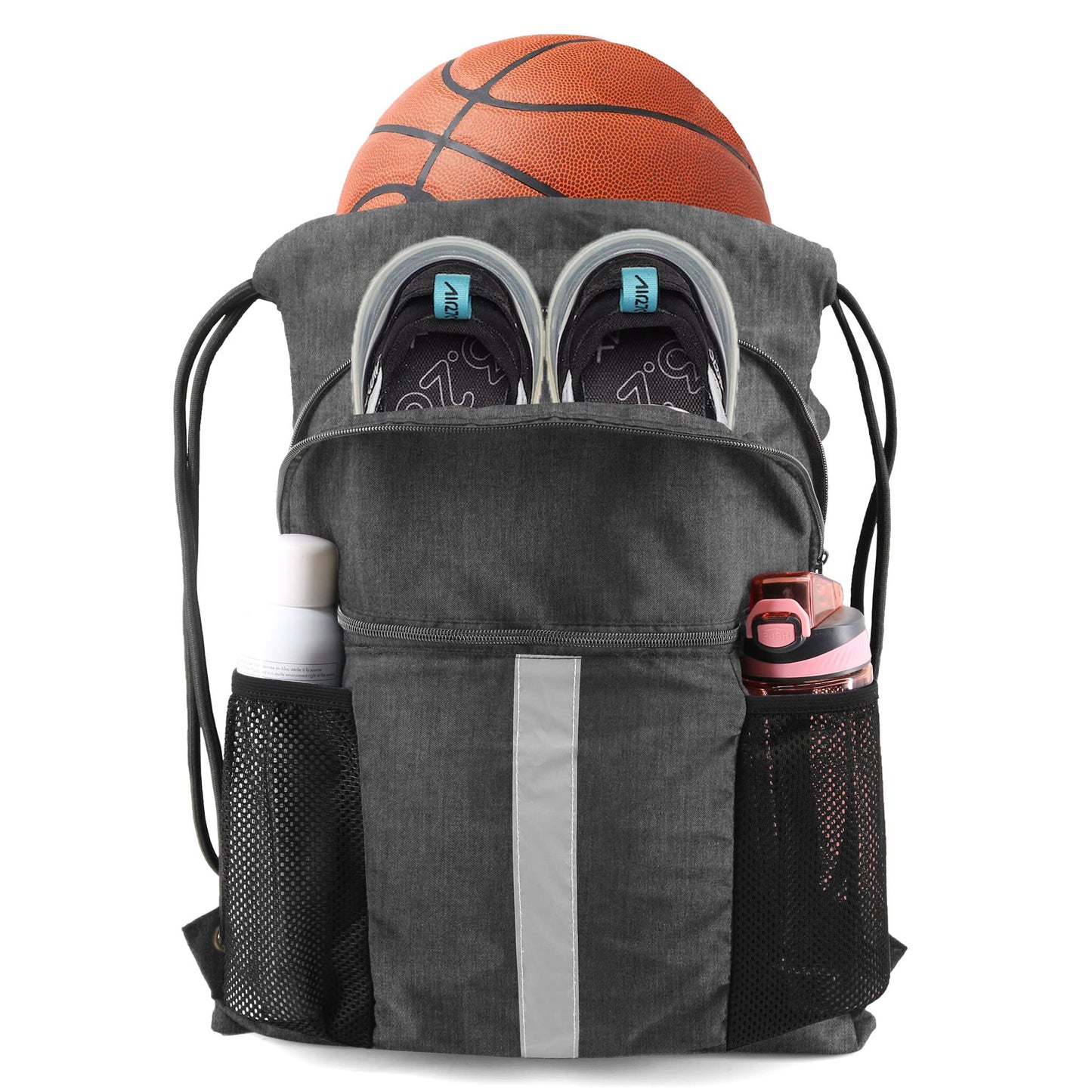 BeeGreen Mix Black Drawstring Backpack with Shoe Compartment X-Large Gym Sports String Cinch Backpack Athletic Sackpack with Front Inside Zipper Pockets