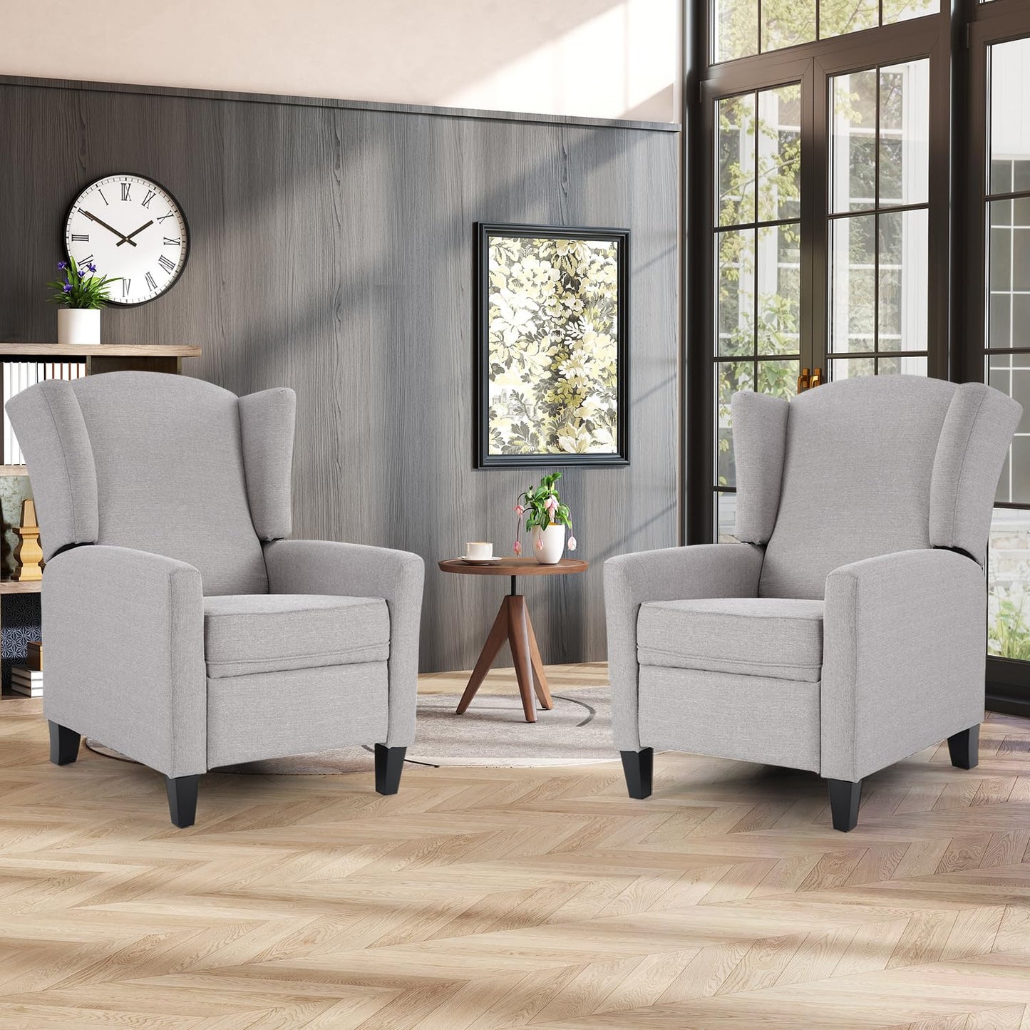 INZOY Wingback Pushback Recliner Chair Set of 2, Fabric Push Back Recliners with Padded Seat, Mid Century Modern Reclining Chair for Living Room Bedroom, Grey