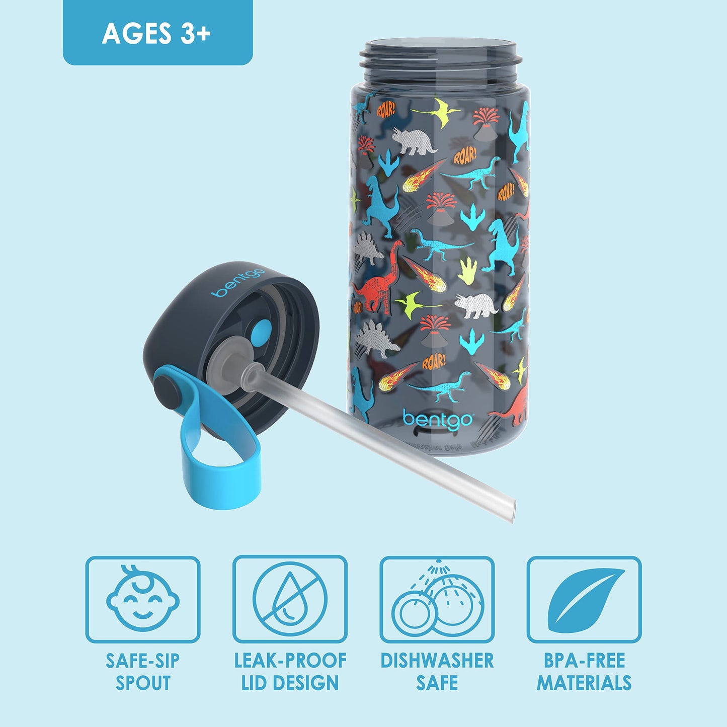 Bentgo Kids Water Bottle - Leak-Proof, Durable Tritan™, BPA-Free 15 oz. Cup for Kids/Toddlers Ages 3+ - Flip-Up Straw & Dishwasher Safe for School, Sports, Daycare & Camp (Dinosaur)