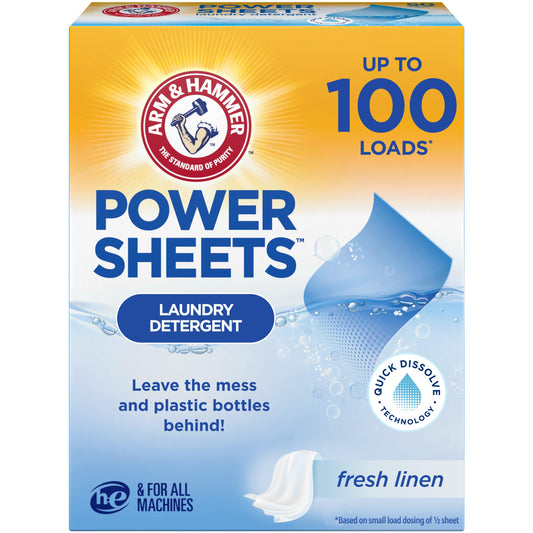 Arm & Hammer Power Sheets Laundry Detergent, Fresh Linen 50ct, up to 100 Small Loads (Packaging may vary)