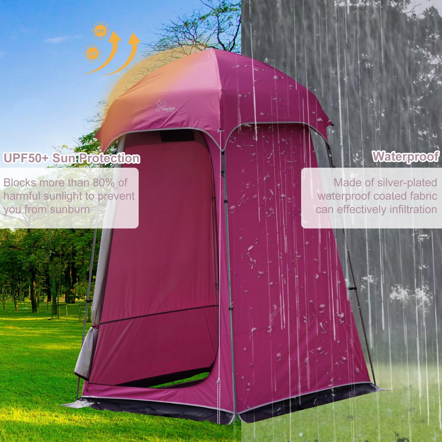 Vidalido Outdoor Camping Shower Tent Easy Setup Changing Room Portable Camp Shower Tents for Camping with Floor, Waterproof Privacy Shelters Toilet Tent (Pink)