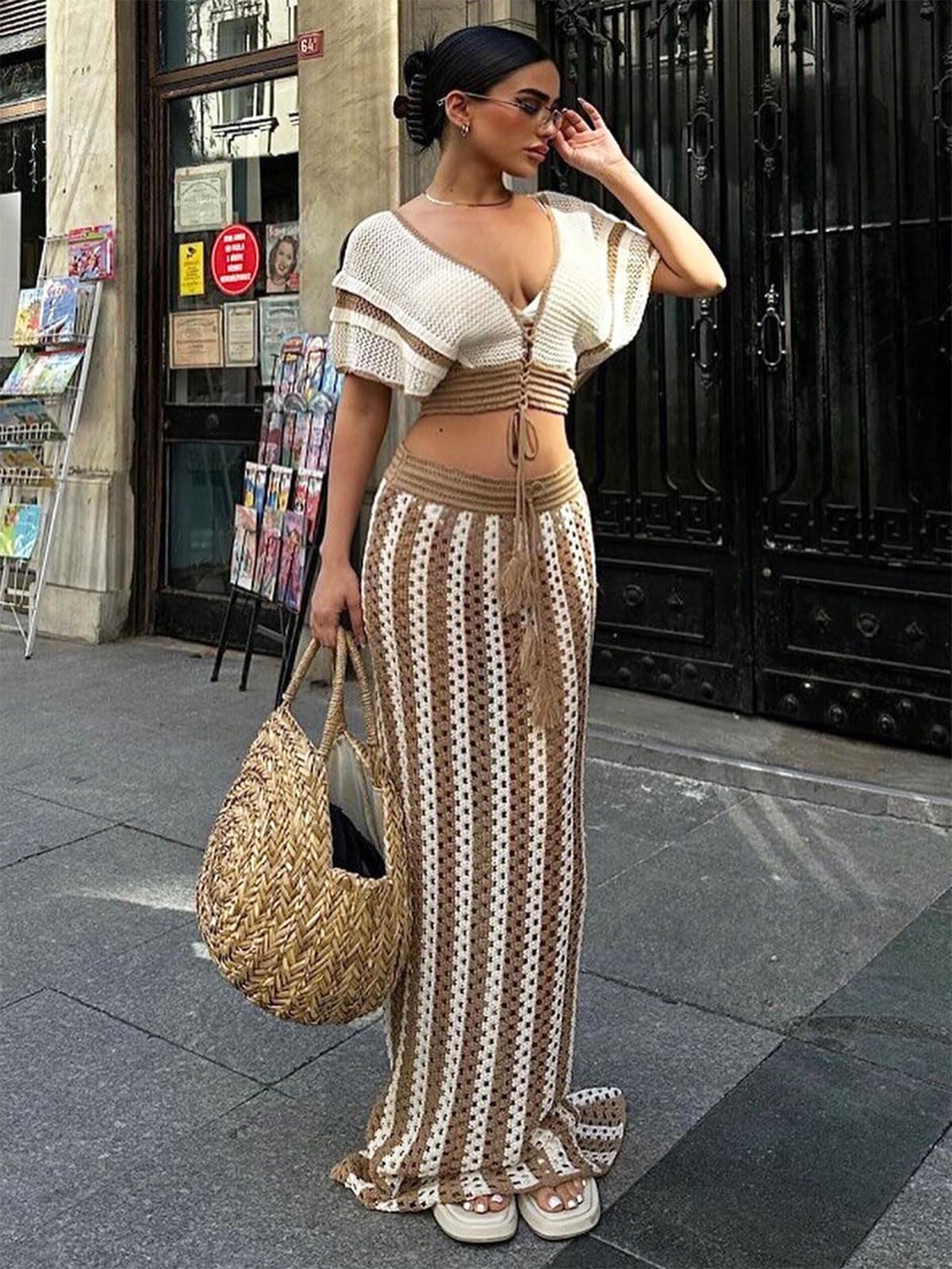 Angsuttc Two Piece Cover Ups for Women Crochet Hollowed Out Short Sleeve Vneck Crop Shirts Maxi Skirt Outfits Khaki XL