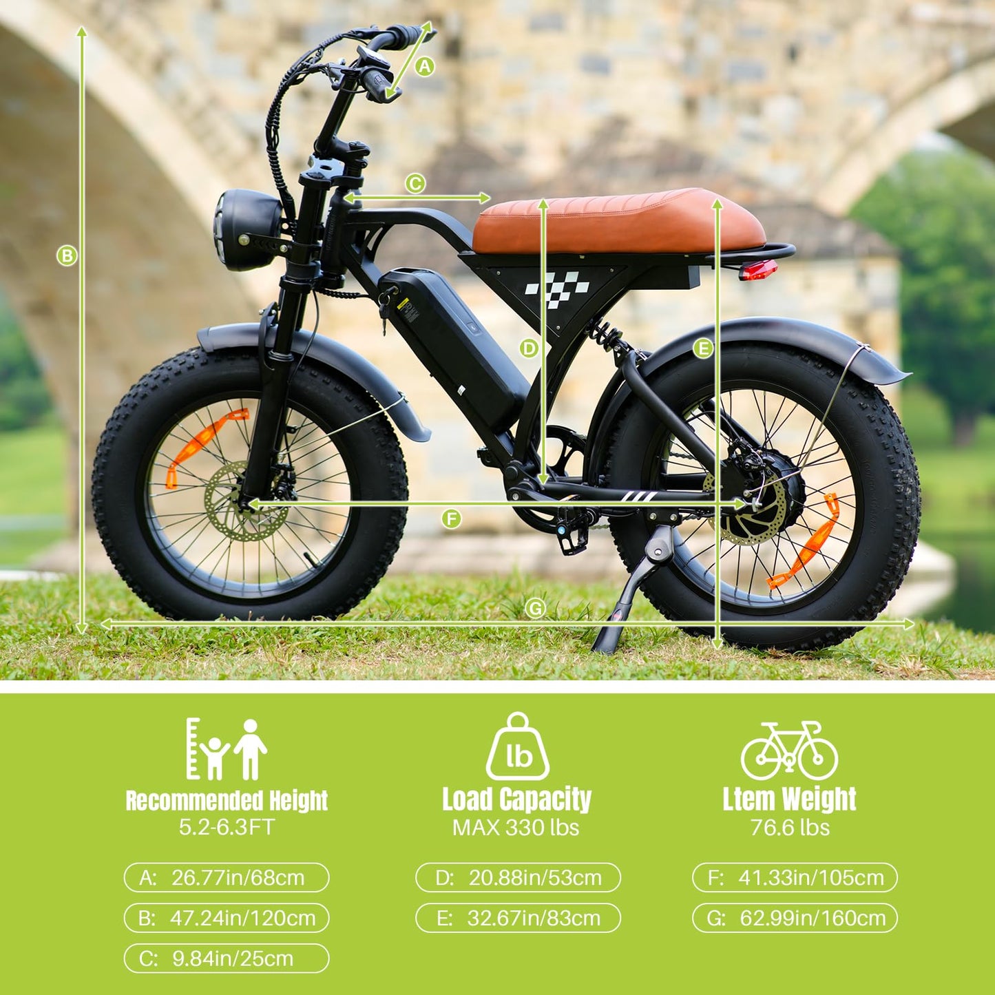 wawscote Electric Bike - 1000W Peak Motor Removable Battery Electric Bike, 20" Fat Tire, 20MPH Max Speed, 60 Miles Range, All-Terrain Electric Bicycle for Adults