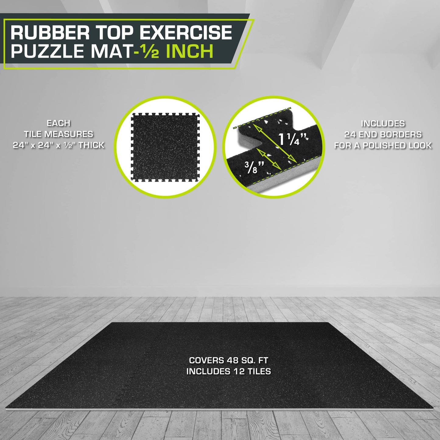 ProsourceFit Rubber Top Exercise Puzzle Mat 1/2-inch, 48 SQFT, 12 Tiles, EVA Foam Interlocking Tiles for Home Gym Protective Flooring for Equipment and Workouts, Grey