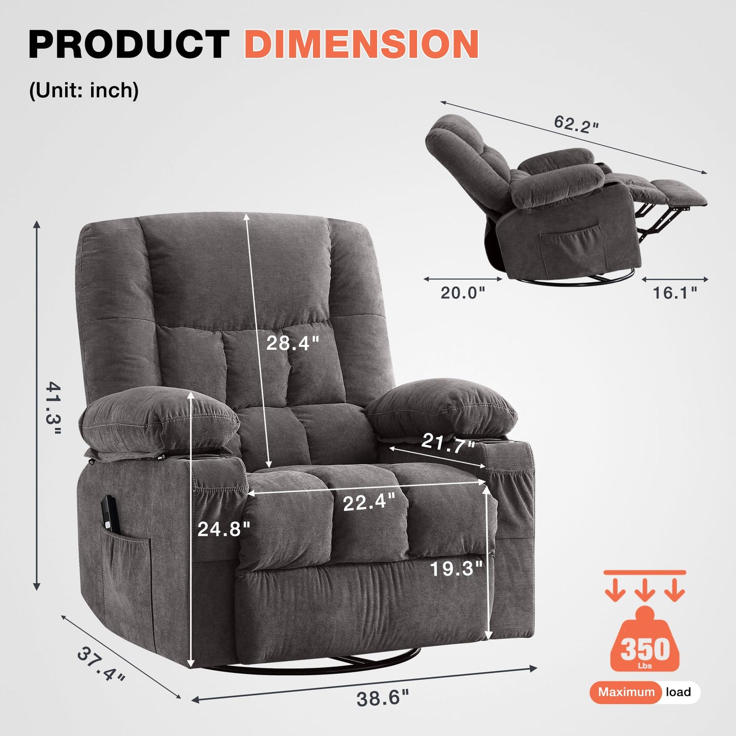 Power Swivel Recliner Chair with Rocking Function for Living Room, Oversized Rocker Recliner Single Sofa with Ergonomic, Side Pocket, Two Cup Holders and USB Charge Port for Adults