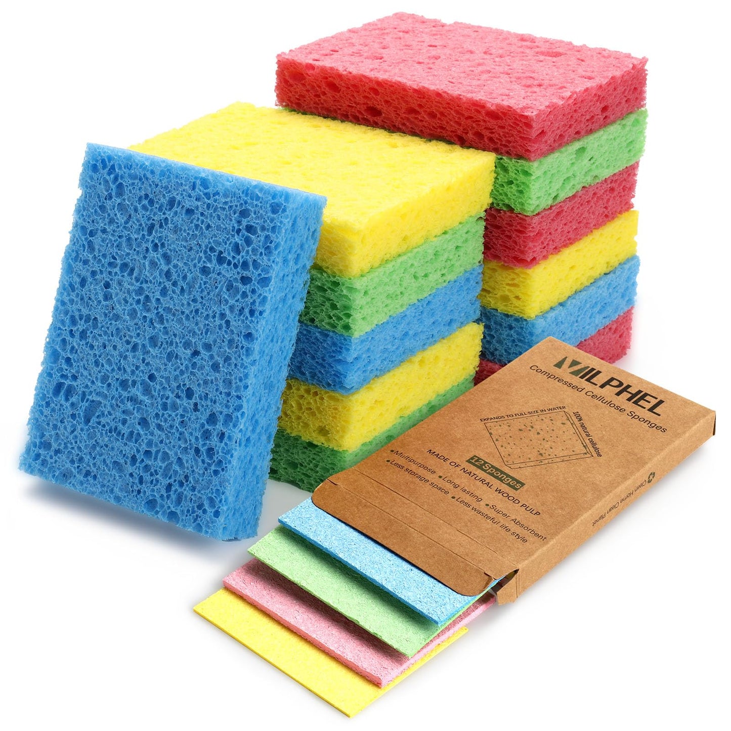 12 Counts Multipurpose Kitchen Sponges Pack Compostable Biodegradable Compressed Cellulose Sponges 18X Super Absorption POP UP Eco Sponge for Household Use