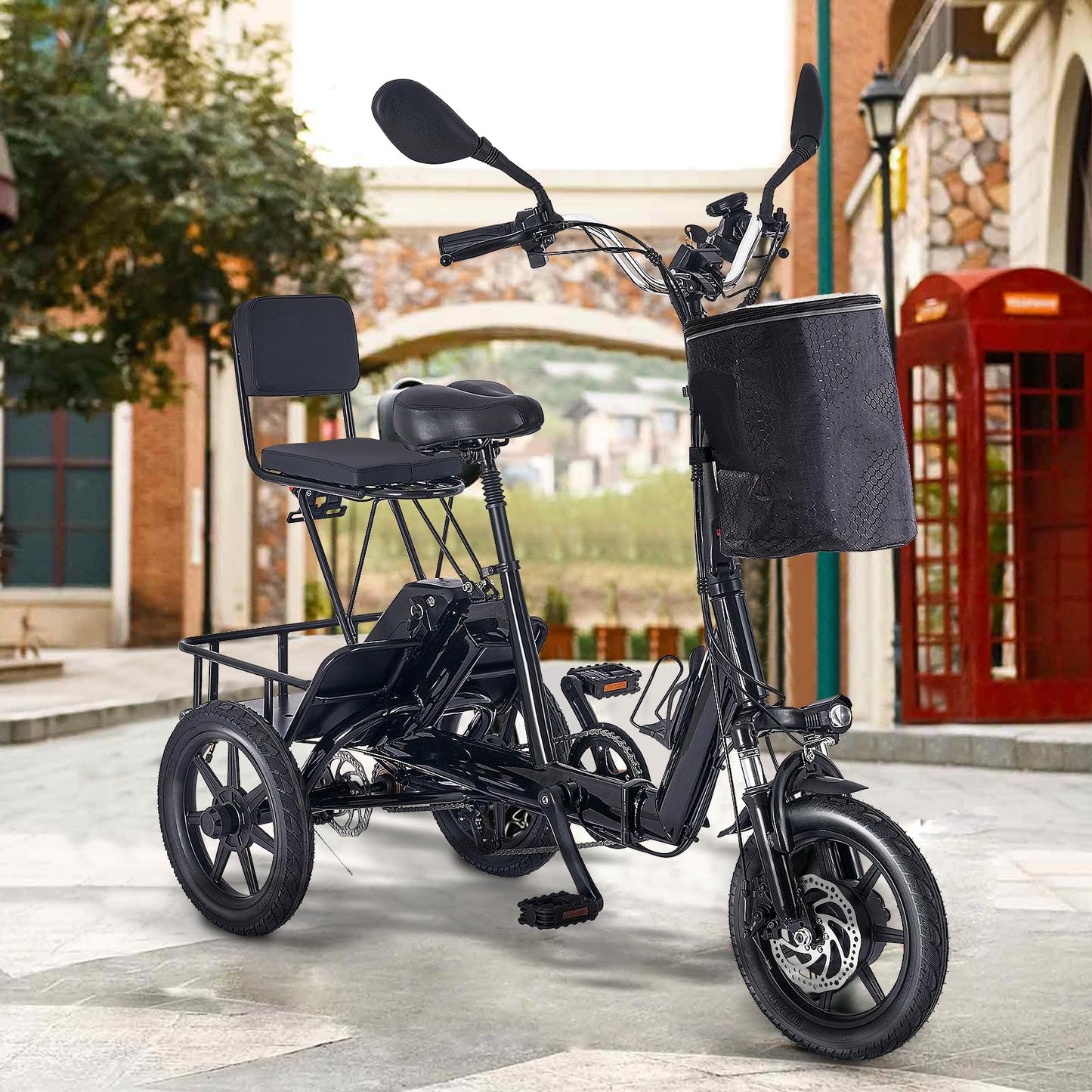 Electric Tricycle for Adults Foldable, 350W(Peak 500W) Folding Electric Trike, 3 Wheel Bikes for Adults with 480Wh Removable Battery, Trike Ebike with 2 Seats and Large Basket for Seniors Women Black