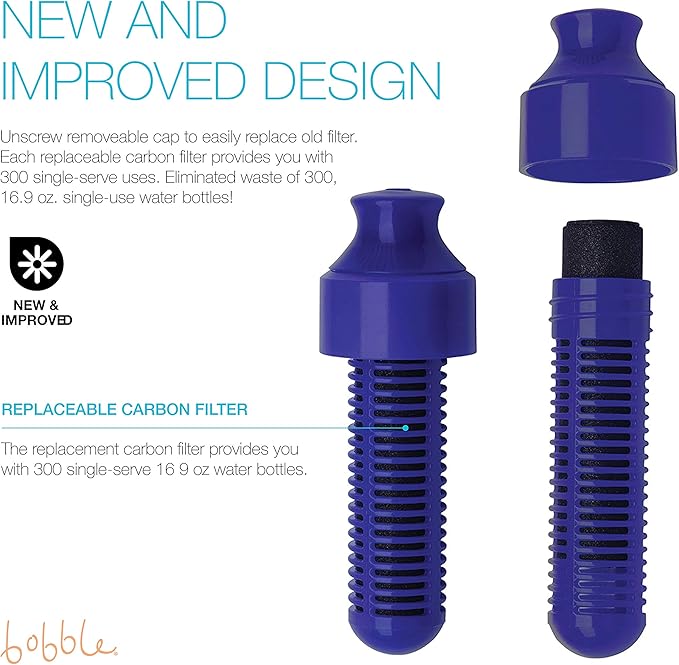 bobble Classic Water Bottle, Filtered Water, BPA-Free Reusable Bottle, Soft Touch Carry Cap with Replaceable Carbon Filter for Sustainable Water and Hydration 34 oz, (Navy Blue)