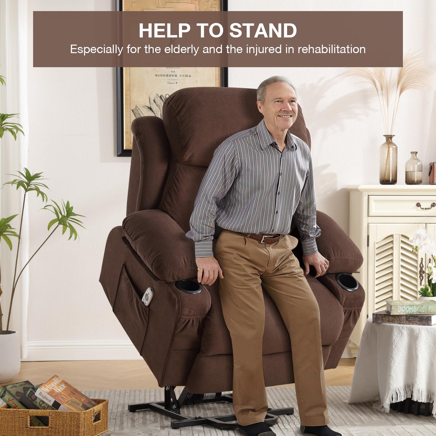 BOSMILLER Power Lift Recliner Chair with Heat and Massage Electric Fabric Recliner Chair for Elderly with Side Pocket, USB Charge Port, Remote Control for Living Room (Deep Brown)